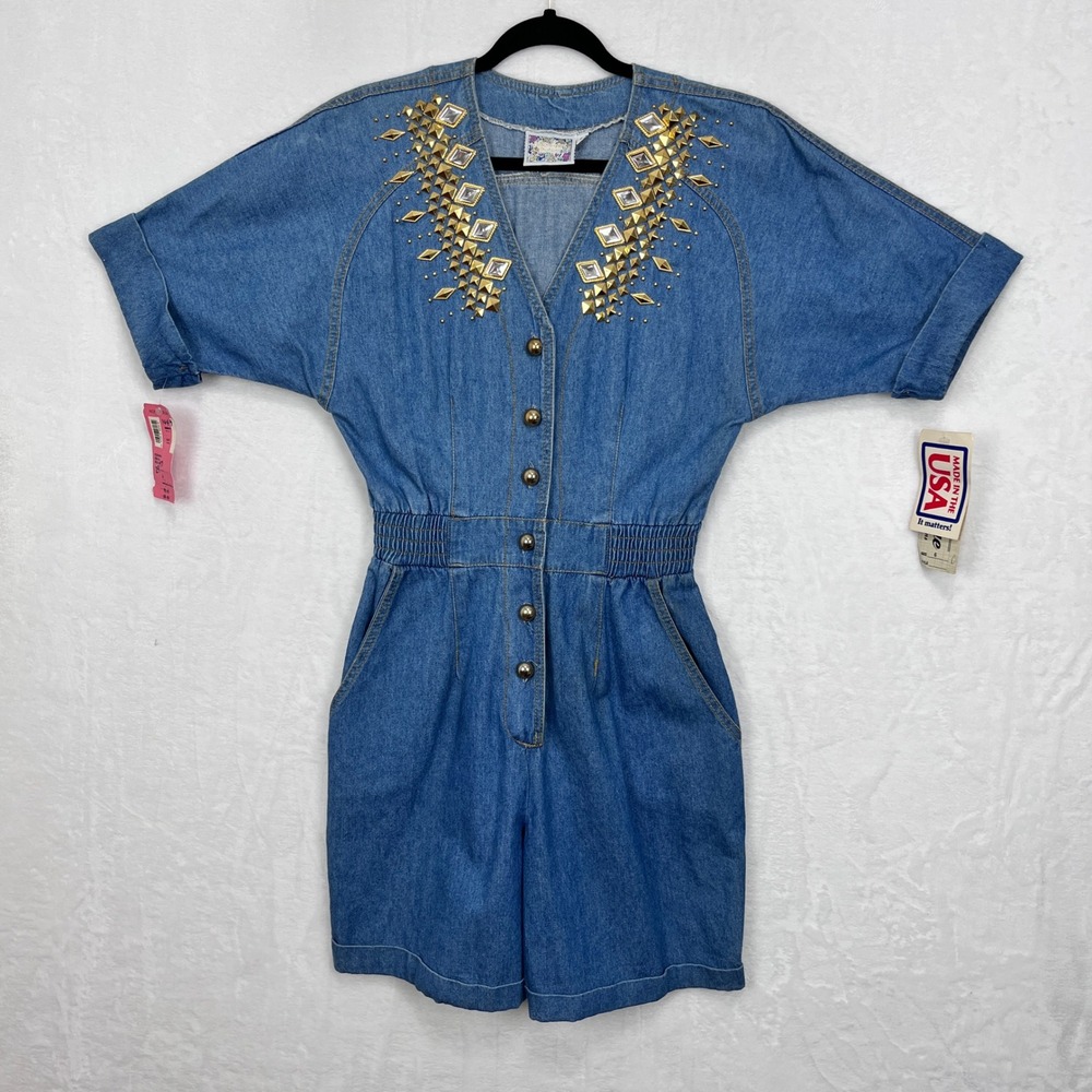 Vintage Monique Fashions  Denim Romper 6 Blue Rhinestone Studded 80s USA